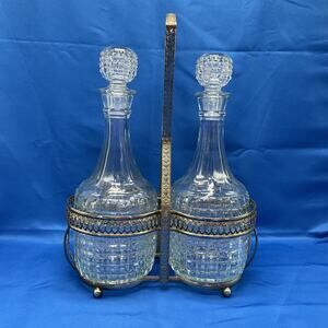 Vintage Scotch and Bourbon Glass Decanter Set w Silver Plated Carrier